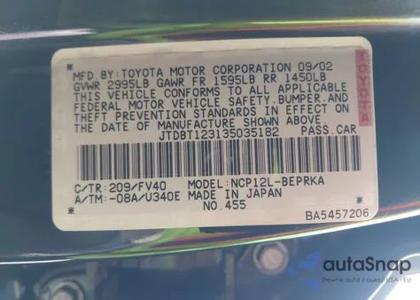 2003 Toyota Echo z USA, uszkodzony, nr VIN JTDBT123135035182